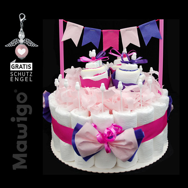 Windelkuchen "Susi" mit Cupcakes und Wimpelkette, Mädchen Windeltorte pink