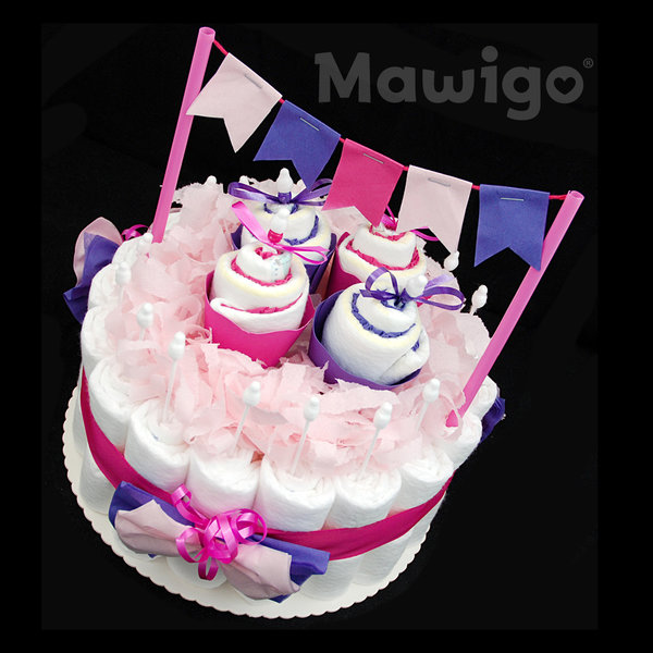 Windelkuchen "Susi" mit Cupcakes und Wimpelkette, Mädchen Windeltorte pink
