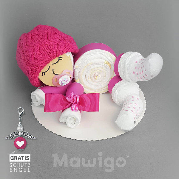Windelbaby "Amber" pink-weiß, Windeltorte mit Babymütze, Schnuller und Söckchen