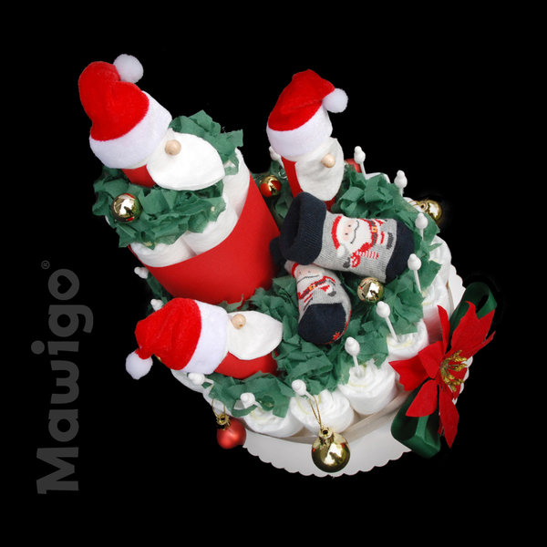 Windelwichteltorte "Pezi", rot-grün Geschenk zu Weihnachten, Mädchen oder Junge, Windeltorte