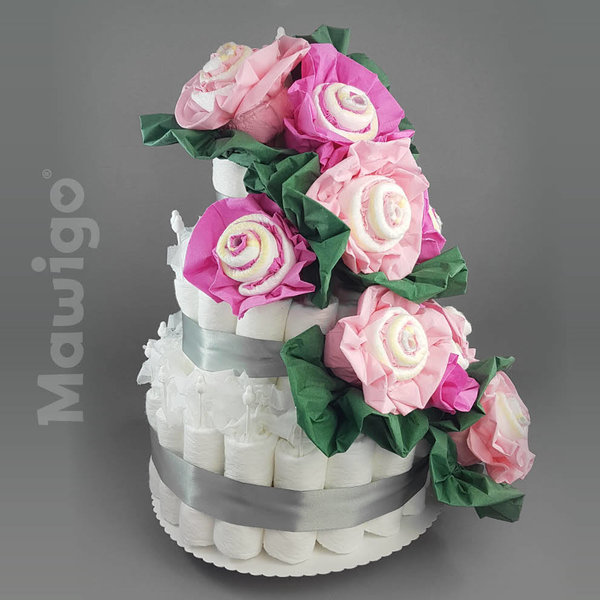 Windelrosentorte "Pink Flowers", Windelgeschenk Mädchen, Windeltorte mit Windelblumen für Hochzeit
