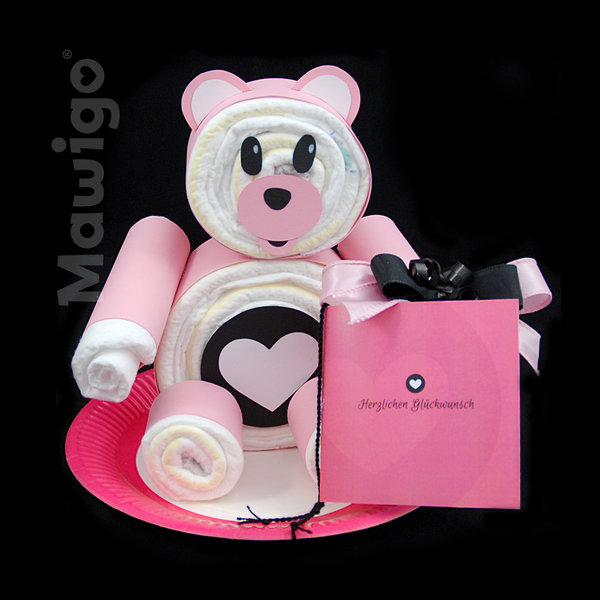 Windelglückwunschbär "Sweety" pink mit Glückwunschkarte, Mädchen, Windeltier, Windeltorte