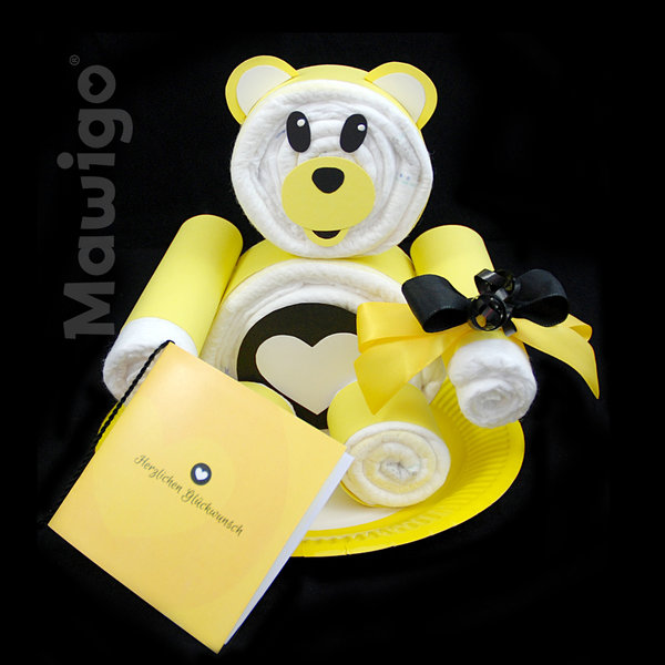 Windelglückwunschbär "Shiny" gelb mit Glückwunschkarte, Gender neutral, Windeltier, Windeltorte