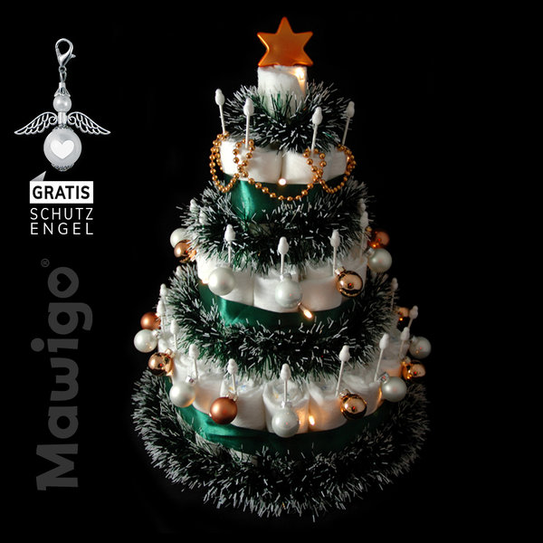 4-stöckiger Windelchristbaum "Michaela", weiß-bronze, Geschenk zu Weihnachten, neutral, Windeltorte