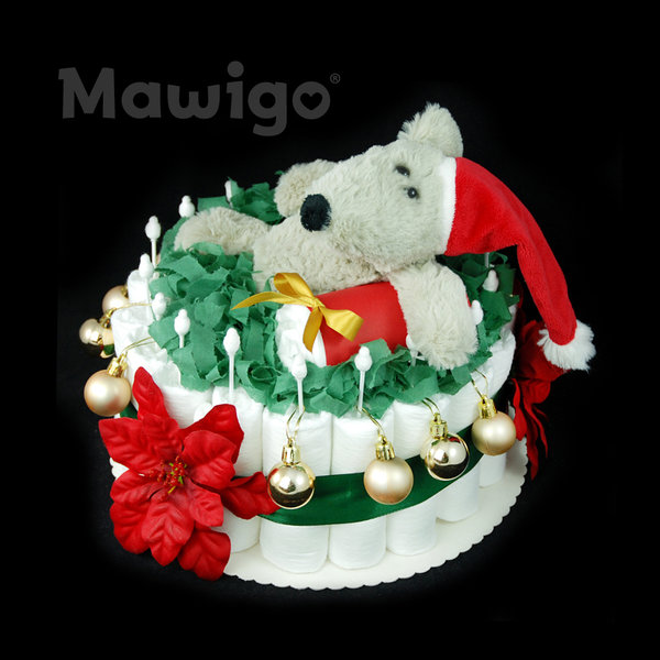 Windelkuchen mit Weihnachtsmaus "Niko", rot-grün, Mädchen oder Junge, Windeltorte