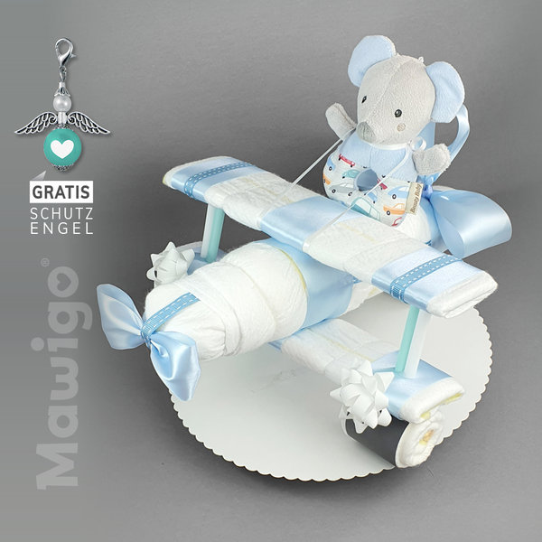 Kleines Windelflugzeug "Leo" hellblau mit Stofftier/Greifling Maus, für Jungen, Windeltorte
