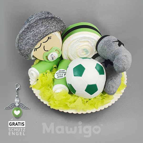 Windel-Fußball-Baby "Andi" grün, Windeltorte mit Vereinslogo, Schildmütze - Schnuller - Babysöckchen