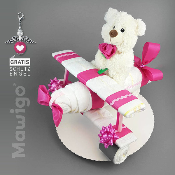 Kleines Windelflugzeug "Röslein" in pink mit Teddybär, für Mädchen, Windeltorte