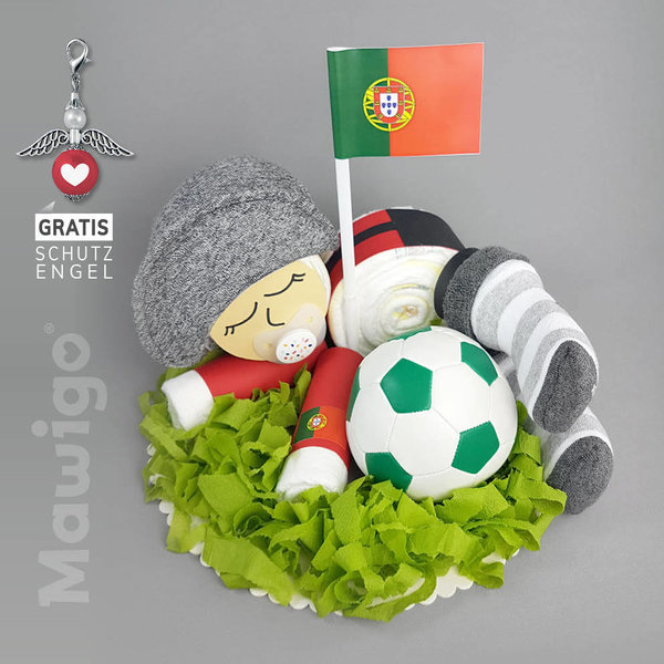 EM / WM Windel-Fußball-Baby "Lino" Portugal, Windeltorte, Mütze, Schnuller, Babysocken, Flagge