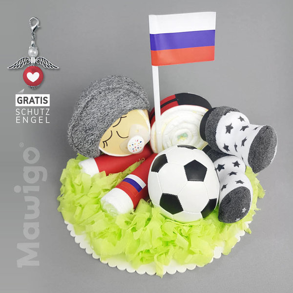 WM Windel-Fußball-Baby "Michail" Russland, Windeltorte, Mütze, Schnuller, Babysocken, Flagge