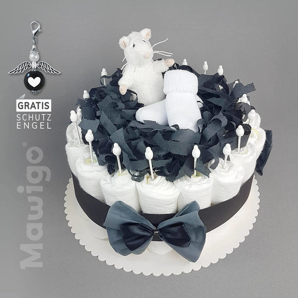 Windelkuchen Gothic "Blacky" schwarz mit weißer Maus / Ratte und Babysöckchen, Windeltorte neutral
