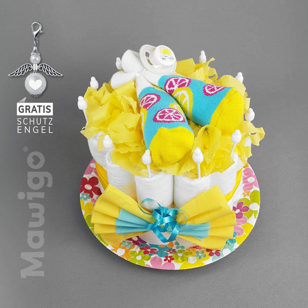Mini-Windelkuchen "Zitro" gelb, Babysöckchen und Schnuller, Mädchen Junge neutral Windeltorte