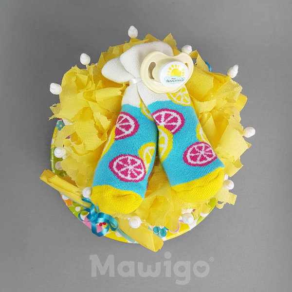 Mini-Windelkuchen "Zitro" gelb, Babysöckchen und Schnuller, Mädchen Junge neutral Windeltorte